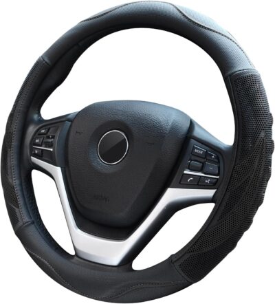 Alusbell Breathable Auto Car Steering Wheel Cover for Men and Women Microfiber Leather 15 Inches Black - Image 2