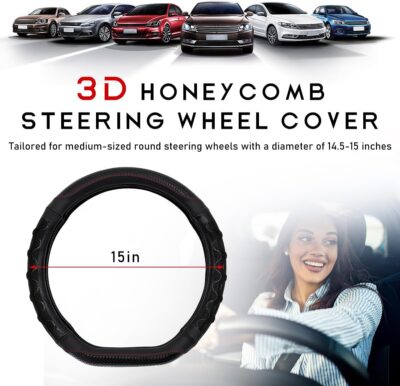 Car Steering Wheel Cover, 15 Inches 3D Honeycomb Design Car Steering Wheel Protector with Comfy Grip, Breathable Anti-Slip D-Shaped Steering Wheel Sleeve for Most Vehicles (Black) - Image 2