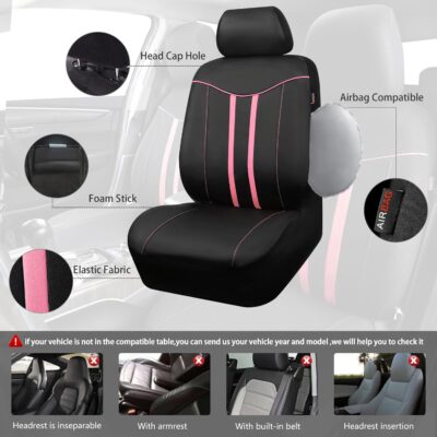 CAR PASS Car Seat Covers Full Set for Women Girls with Waterproof Car Floor Mats,Anti-Slip Leather Steering Wheel Cover,Universal Fit for SUVs,Vans,Trucks,Sedans,Cars (Combo Set,Black & Pink) - Image 4