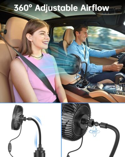 12V Car fan, 3-Speed Portable Vehicle Fan for Front Seat, Cigarette Lighter Powered with Car Charger, Mounted in Cup Holder, 360° Rotation, Car Necessities for Dog/SUV/RV/Truck/Van - Image 5