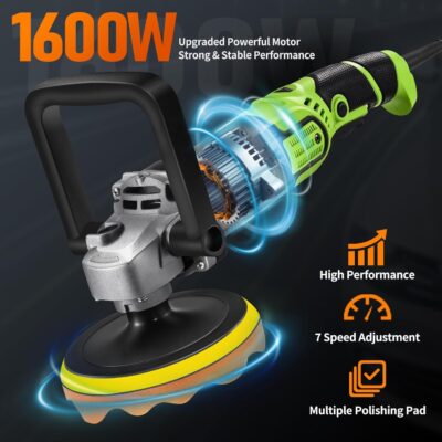Buffer Polisher, 1600W 6"/7" Rotary Car Polisher with 7-Speed(1600-3500 RPM), Car Buffers and Polishers Kit for Cars, Boats, Floors, Furniture - Image 2