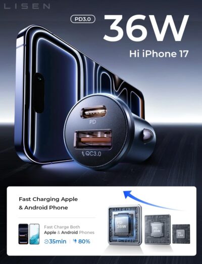 LISEN Car Charger USB C, 69W Cigarette Lighter USB Charger Adapter, Car Accessories Gifts for Men, Mini USBC Cars Fast Charging Adapter USBC Type C 12V Plug Outlet, for iPhone 17 Pro Max 16 15 14 13 - Image 3