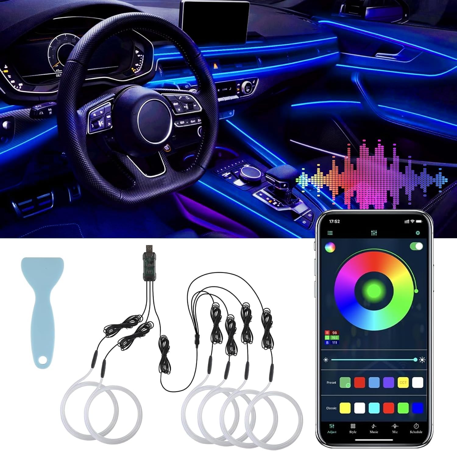 71Pqc0uPlL._AC_SL1500_.jpg LivTee Smart LED Car Lights Interior with USB Port, LED Strip Fiber Optic Ambient Lighting Car, Wireless App Control, Sync to Music, Car Decorations Interior Accessories Gifts for Women Men, 6 in 1 - Image 1