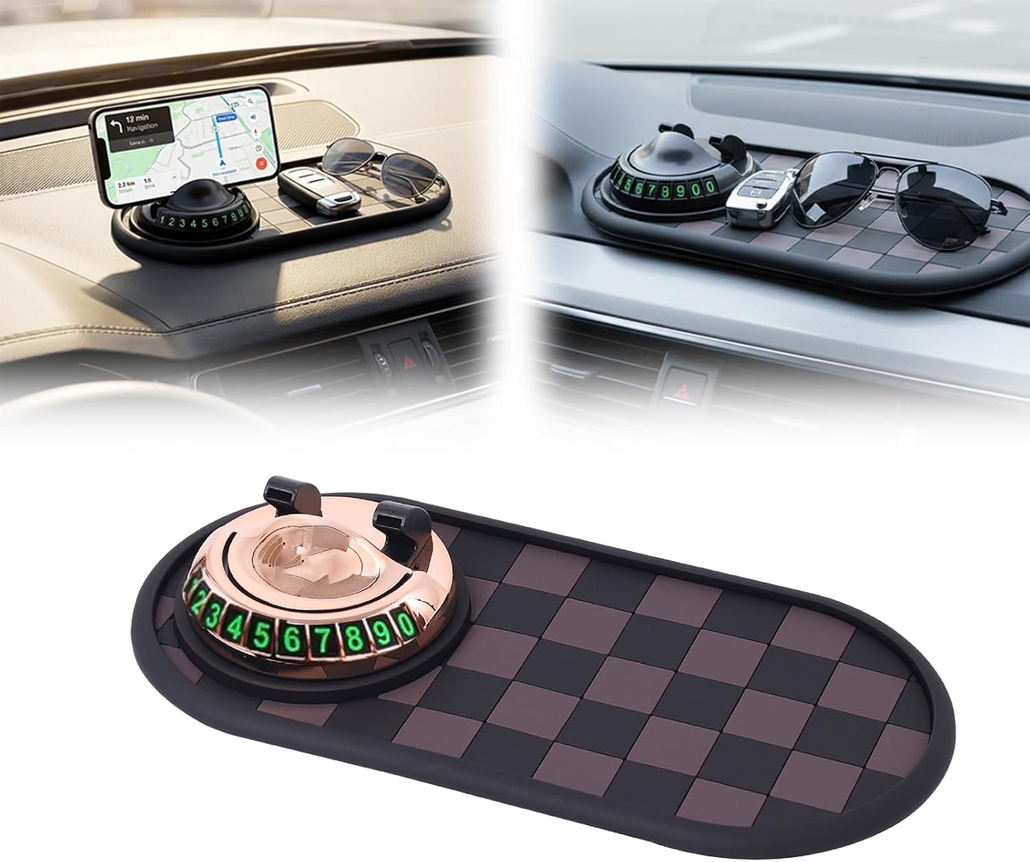 71PvUFL59L._AC_SL1500_.jpg Multifunctional Car Anti-Slip Mat with 360° Rotating Phone Holder & Temporary Parking Number, Anti Slip Mat for Car Dashboard, Multi Functional Cell Phone Holder for Sunglasses Keys Small Items (#C) - Image 1