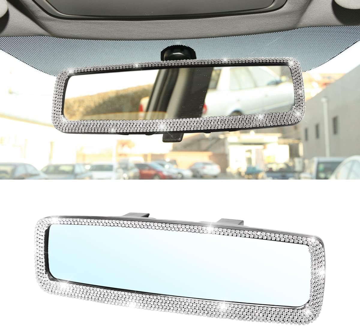 71Px1Ku7o9L._AC_SL1200_.jpg Bling Car Rear View Mirror, Rhinestones Crystal Clip-on Rearview Mirror with HD Glass, Compatible with Most Cars, SUVs, Vehicles, Auto Interior Accessories for Women Girl (White) - Image 1