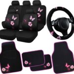 CAR PASS Universal Cloth Butterfly Car Seat Covers Full Set, Embroidered Flower Waterproof Car Floor Mats Carpet, Butterflies Steering Wheel Cover for Car Accessories Interior Sets (Black and Pink)