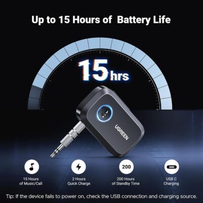 UGREEN Bluetooth 5.4 Car Adapter, Hands-Free Call & Noise Cancelling AUX to Bluetooth Adapter for Car, 3.5mm Audio Blue-Tooth Receiver for Cars Stereo Home Speaker - 15H Battery Life - Image 5