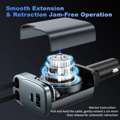 Retractable Car Charger 4 in 1, Car Charger USB C Fast Charge 84W Cigarette Lighter USB Charger, Travel Essentials Car Accessories Gifts for Men Women for iPhone 17 16 15 14 13 12 Pro Max, Samsung - Image 9