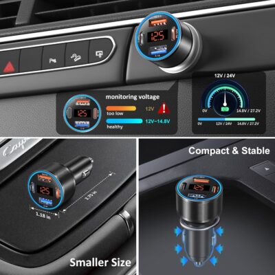 3 Pack USB C Car Charger, 4-Port 65W Dual 12V USB-A & USBC Cigarette Lighter Adapter Plug with Voltmeter PD/QC 3.0 Fast Charging Car Phone Charger for iPhone 17 16e 15 14 13 12 Pro Max, Android-Black - Image 5