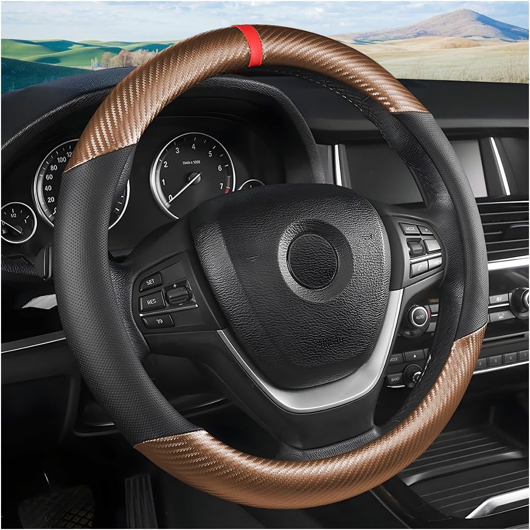71QRXzrtiAL._AC_SL1200_.jpg Moly Magnolia Carbon Fiber Steering Wheel Cover, Universal 15 inch Breathable Anti Slip, Fit Most Cars, Trucks, SUV (Carbon Fiber Coffee) - Image 1