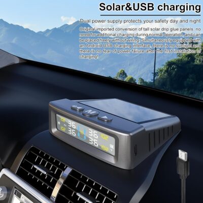 Tire Pressure Monitoring System, Solar Tire Pressure Monitor with 4 External Sensors, Voice Alarm, Real - Time Temperature Pressure Display 0-5 Bar for Car SUV - Dual Charging, - Image 6