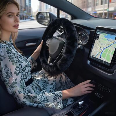 Furry Car Steering Wheel Cover, Fluffy Cover, Soft Warm Plush Non-Slip, 14 1/2-15 inch, for Women Girls, Black - Image 6