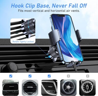 Blukar Car Phone Holder Mount, Super Stable Air Vent Cell Phone Car Mount with 2025 Metal Hook Clip, 360° Rotation,One Button Release for iPhone, Galaxy, Google, and All Other Smartphones - Image 6