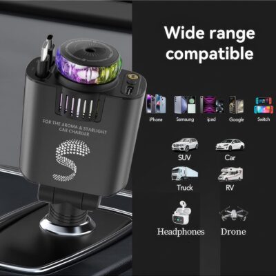 Retractable Car Charger USB C Fast Charging 120W, Car Accessories Cigarette Lighter Adapter with Aromatherapy Starlight, Car Charger iPhone16 15 14 13 12 11 Essentials Gifts for Traveler, Men, Women - Image 6