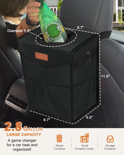 Car Trash Can with Lid, Cute Leakproof Car Trash Garbage Bag Hanging Vehicle Trash Bin Small Portable Automotive Garbage Cans Organizer for Back/Front Seat/Console(2.8 Gallons,Black) - Image 2