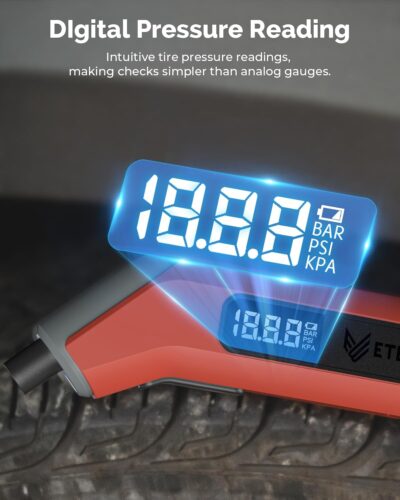 ETENWOLF T300 Digital Tire Pressure Gauge 3-200 PSI, Industrial Tire Gauge Calibrated to ANSI B40.7 Grade 2A(Plus-Minus 0.5%), Replaceable AAA Batteries (Vivid Orange) - Image 6