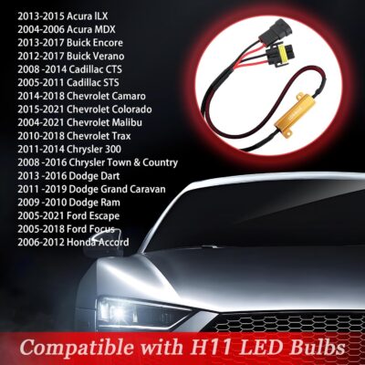 Huli 2Pcs H11/H8/H9 LED Load Resistor Kit 50W Headlight Bulb Relay Harness Adapter Anti Flicker Harness Resistor Kit for LED Lights,Fog Lights,Headlights(H11/H8/H9) - Image 7