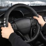West Llama Microfiber Leather Car Steering Wheel Cover for Men Women,Universal Fit 14.5-15 inch(Leather Nails-Gray+Black-Standard Size) - Image 4