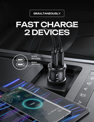 LISEN 90W USB C Car Charger USB C Fast Charge, 45W PD&QC 3.0 Fast Car Charger for Samsung Galaxy S26 S25, Cigarette Lighter USB Charger Adapter for iPhone 17 Air 16 15 Pro Max [All Metal & Mini] - Image 4