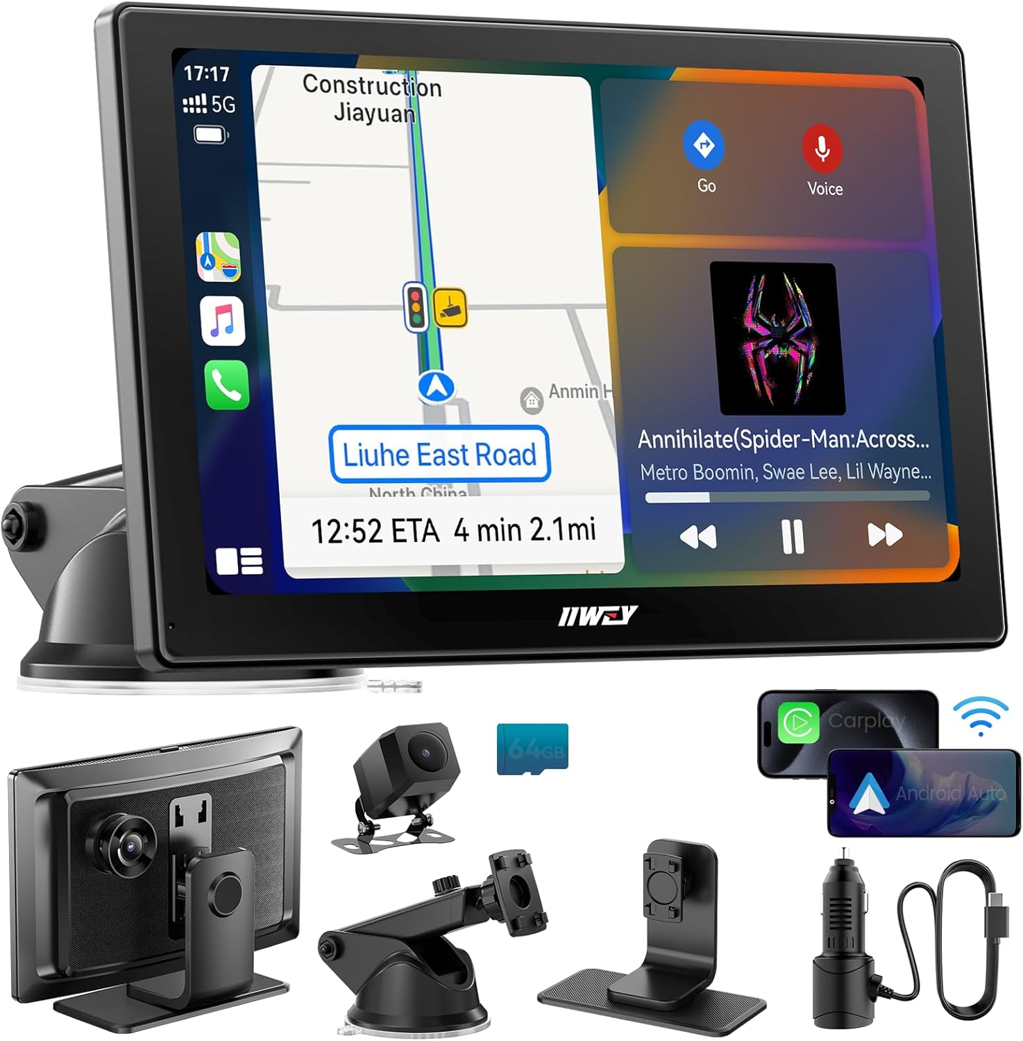 71RQg49MZL._AC_SL1500_.jpg IK5 9" Wireless Apple CarPlay & Android Auto Screen, Portable Car Stereo with 4K Dash Cam & 1080p Backup Camera, Add CarPlay to Any Vehicle, Touchscreen, Mirror Link - Image 1