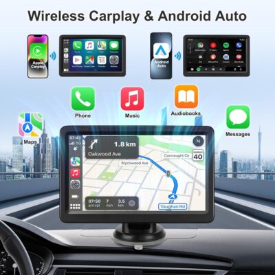 Carplay Screen for Car, 7" Wireless Carplay & Android Auto, Portable HD Touchscreen with Mirror Link, GPS Navigation, Voice Control, Hands-Free Calling, Bluetooth/AUX/FM, Plug & Play Car Play Screen - Image 2