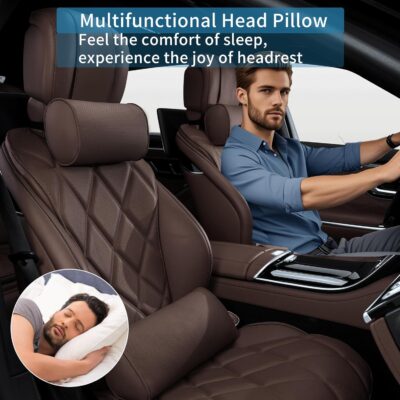Car Headrest Pillow for Driving - Luxury Leather 100% Memory Foam, Ergonomic Neck Support - Universal Fit Head Rest Travel Pillow for Most Cars, Home & Office, Brown, 1 Pack - Image 8