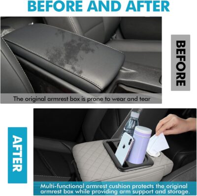 Hovom Car Center Console Cover, 12.3"×6.3"×1.5" Leather Armrest Cover for Cars, Multifunctional Auto Armrest Cushion Pad with Pocket, Tissue Box, Cup Holder & Phone Slot, Car Accessories (Gray) - Image 6