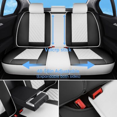 Car Seat Covers Full Set, Luxury Leather Waterproof Non-Slip Seat Protector Universal Fit for Most Cars SUVs Trucks Pick-ups,White and Black Car Accessories Interior(Full Set White) - Image 3