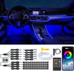 Interior Car Lights with Wireless APP & Remote Control, 9 in 1 RGB Car Ambient Lighting Kit with 4 Under Dash Lights & 5 Fiber Optic LED Strips, Sync to Music Inside Car Accessories