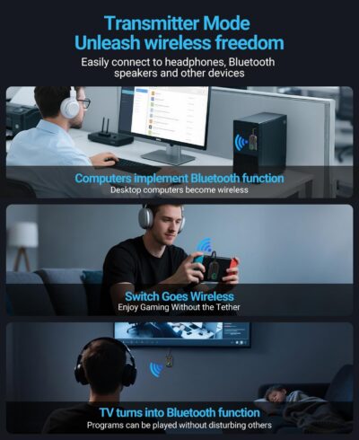 Bluetooth Transmitter Receiver, 3.5MM to Bluetooth 5.3 Transmitter, 2-in-1 Airplane Adapter for Headphone, TV, Airplane, Home Stereo, Speakers, Headphone, Car, Dual Connection - Image 3