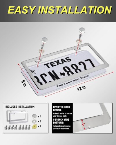 Stainless Steel License Plate Frames, Mirror Polished Heavy Duty Metal Chrome Car Tag Cover, 2 Pack 2 Hole Silver Holder, Slim Design with Screws & Caps for Men & Women - Image 6