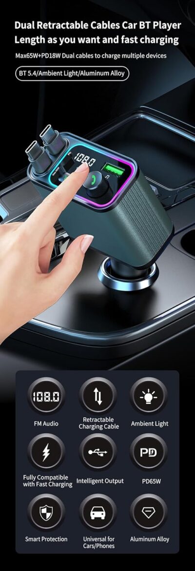 3 in 1 Retractable Car Charger Adapter & FM Transmitter Bluetooth Mp3 Player- Max 65W + 18W with 2 PD Fast Charging,2 Retractable Cables & USB-A Music Playback for iPhone,iPad,Samsung,Pixel - Image 3