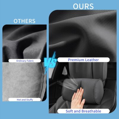 Car Headrest Pillow for Driving - Luxury Leather 100% Memory Foam, Ergonomic Neck Support - Universal Fit Head Rest Travel Pillow for Most Cars, Home & Office, Black, 2 Pack - Image 3