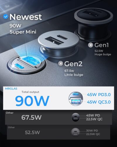 MRGLAS 90W USB C Car Charger Fast Charging,[Invisible Design] All Metal Car Charger USB C PD45W+QC3.0 Dual Port Cigarette Lighter Car Adapter for iPhone 17 16 Pro Max Plus 15 Samsung S26 S25 Ultra - Image 2