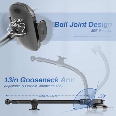 OQTIQ 13" Gooseneck Car Phone Mount – Windshield & Dashboard Holder with Strong Suction Cup, Anti-Shake Stabilizer, One-Button Release – Compatible with iPhone 17/16/15/14 and All Smartphones - Image 6