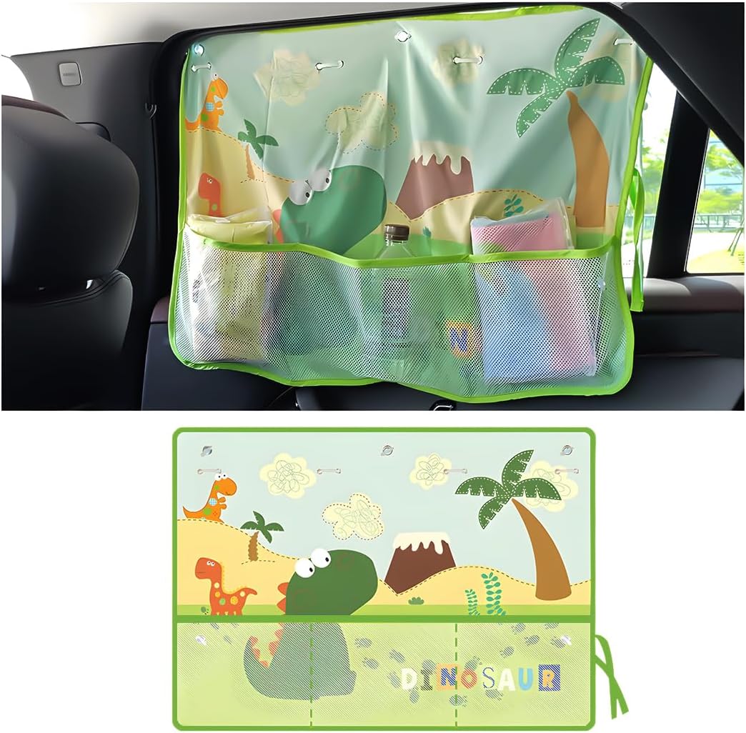 71S9HVmPKEL._AC_SL1200_.jpg Car Window Shade, Vehicle Sunshade Curtain with Storage Pockets & Suction Cups for Baby, Cartoon Pattern Auto Interior Heat Sun Protection Cover, Universal for SUV Sedan Trucks (Dinosaur) - Image 1