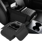 Car Armrest Cushion, 5 in 1 Center Console Cover with 2 Cup Holders, Phone Holder, Tissue Holder, Storage Bag, Multifunctional Leather Heightened Car Armrest Cushion for Most Cars（Black