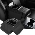 Car Armrest Cushion, 5 in 1 Center Console Cover with 2 Cup Holders, Phone Holder, Tissue Holder, Storage Bag, Multifunctional Leather Heightened Car Armrest Cushion for Most Cars（Black