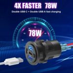 78W 4 Port 12V USB Outlet Car Charger, Super Fast Dual PD3.0 & QC3.0 Multiple USB Port for Car, USB C Cigarette Lighter Replacement 12 Volt Socket Waterproof for Marine Boat Motorcycle RV Golf Cart - Image 2