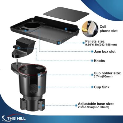 This Hill Cup Holder Tray for Car, 2 in 1 Detachable Car Food Table Tray with Solid Base & Phone Slot,Car Cup Holder Expander with 360°Rotation Tray for Travel Road Essentials - Image 3