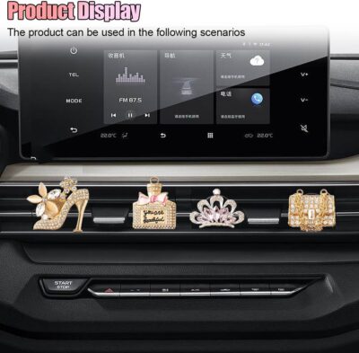 4PCS Bling Car Air Vent Clip, Crystal Rhinestone Heels Bag Crown Perfume Bottle Dashboard Air Vent Trim Clips, Car Interior Outlet Diffuser Decoration Accessory for Women (Gold) - Image 5