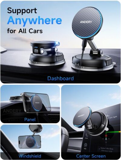 ANDERY Only for iPhone Magsafe Car Mount Charger [15W Wireless Faster Charging, 78+LBS Strongest Suction, 2400gf Strongest Magnetic] 360° Adjustable Car Phone Holder for iPHone 17-12 Pro Max Plus Air - Image 3