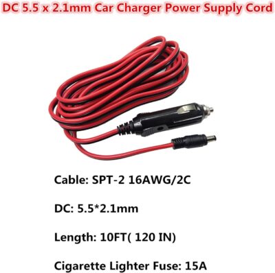 DC Car Charger Cable - 12-24V Auto Power Supply Cord Cigarette Lighter Male Plug to DC 5.5mm x 2.1mm Connector Extension for Portable DVD Player, Car, Camera (10FT) - Image 2