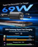 Retractable Car Charger Adapter for iPhone 17,4 in 1 Fast Charging Car Phone Charger,69W USB C Car Truck Accessories,Road Trip Essentials Gift for Men Women for iPhone 17 Pro Max/16/15/14,Galaxy S26 - Image 3