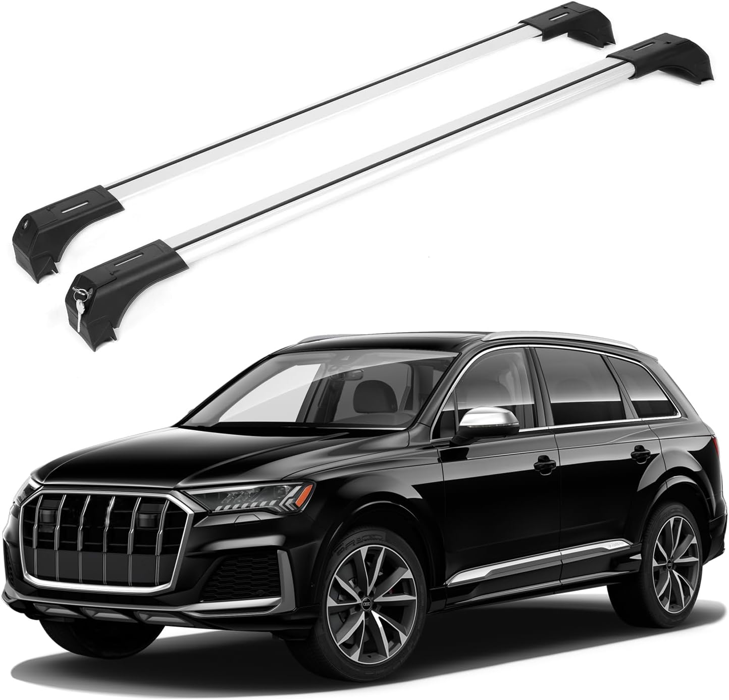 71SwydjhqL._AC_SL1500_.jpg ERKUL 220lbs Roof Rack Cross Bars for Audi Q7 2016-2026 | Aluminum Crossbars with Anti Theft Lock for Rooftop | Compatible with Fixed Points Roofs - Silver - Image 1
