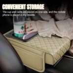 Hovom Car Center Console Cover, 13.39"×7.87"×2.76" Leather Armrest Cover for Cars, Memory Foam Armrest Pillow with Pocket, Cup Holder & Phone Slot, Universal Vehicle Arm Rest Cushion Pad (Beige) - Image 3
