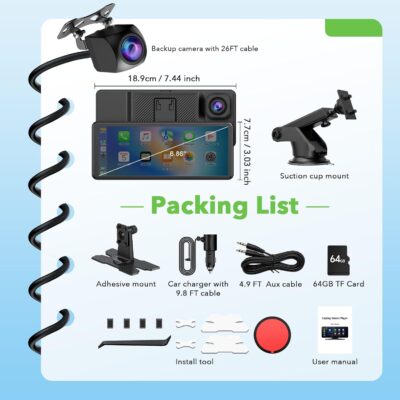 6.86" Wireless CarPlay Screen for Apple Carplay and Android Auto, Dual Dash Cam 2.5K Front 1080P Rear Recording, Voice Control, GPS Navigation, Mirror Link, Bluetooth, FM, AUX, Fits Most Cars - Image 7