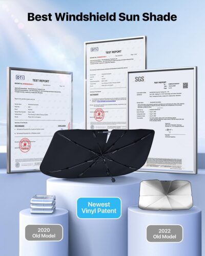 [Upgraded] Nmoiss Windshield Sun Shade Umbrella - [Vinyl Coating Heat Shield] Protect Car from Sun Rays & Heat Damage Keep Cool and Protect Interior, Spring Structure Edge Medium 56" L x 31" W - Image 4