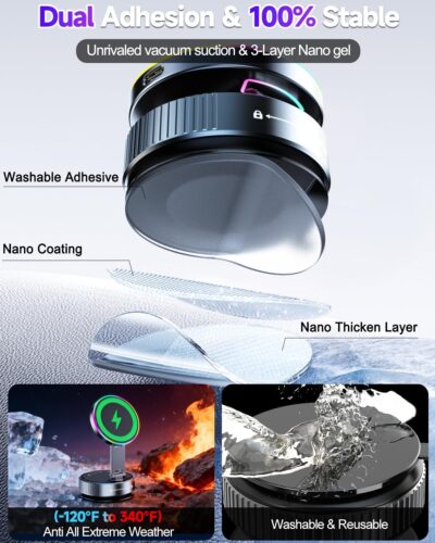 for Magsafe Car Mount Charger, 15W Fast Charging Wireless Car Charger [120LBS Suction &3800gf Magnet] 780° Adjustable, Vacuum Magnetic Phone Holder for Your Car for iPhone & Android, Metal Stand Rotor - Image 8