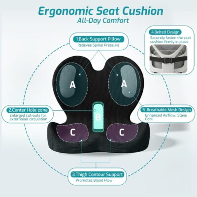 Trucker Seat Cushion, Car Seat Cushions with Lumbar Support Pillow, Ergonomic L-Shaped Orthopedic Memory Foam Pad for Long Driving Back Pain Sciatica Relief, Drivers Office Workers (Black+Mesh Cloth) - Image 3